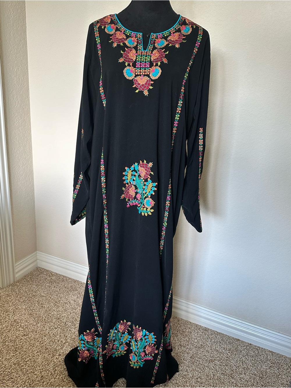 Embroidered Black Maxi Dress with Multicolor Floral Detail